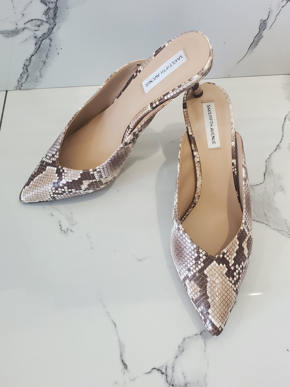 Saks Fifth Avenue Women's Snake-Print Pointed Toe Mules in Taupe